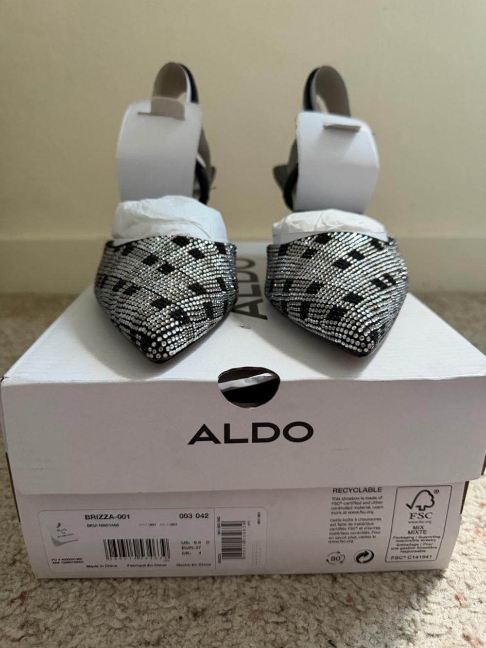 ALDO Rhinestone Pointed Toe Heels 6.5 – Black & Silver Sparkle Ankle Strap Pumps